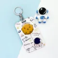Cute cartoon astronaut sliding card holder with keychain, durable ID bus card case. - Star Balloon Astronaut / Round Buckle