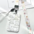Simple card holder campus student bus IC card protective cover lanyard with cute bear print - Line Art Bear with Game Bear Long Lanyard
