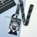 Black cartoon lanyard and card holder set with neck strap for student ID and access cards. - Mysterious Hooded Figure / Hooded Figure Long Lanyard