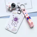 Plastic astronaut sliding card holder student ID badge case with cute keychain variant - Purple Astronaut + Pink Astronaut Figure