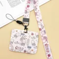 Cute cartoon lanyard and card holder set for students, pink pull-type ID badge holder. - Horizontal Style - LUCK Rabbit + LUCK Rabbit Long Lanyard