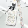 Cute white card holder with cartoon lanyard student ID bus pass badge protective cover - Line Art Cute Rabbit with Game Bear Long Lanyard