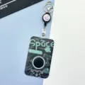 Cartoon astronaut retractable badge reel and card holder for student bus cards and ID. - Black Green Astronaut / Black Retractable Buckle (Planet)