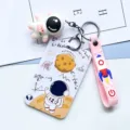 Plastic sliding hard shell astronaut card holder with cute rocket keychain and formulas. - Jumping Astronaut + Pink Astronaut Figurine
