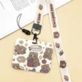 Cute bear card holder with lanyard, beige kawaii student bus id badge protective case - Horizontal Style: Brown Bear with Strawberry and Paw Print Bear Long Lanyard