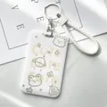 White cute cartoon card holder with braided strap and keychain for student ID and bus pass. - Line Cute Bear and White Edged Leather Cords