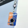 Cute astronaut cartoon retractable badge holder with keychain for student id card and bus pass. - Orange Blue Astronaut / Black Retractable Buckle (Planet)