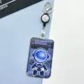 Blue astronaut ID card holder with retractable reel and keychain for students and office workers. - Blue Standing Astronaut / Black Retractable Buckle (Planet)