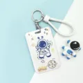 Cute astronaut sliding card holder with keychain and braided lanyard, ideal for students. - Blue Astronaut / White Braided Rope