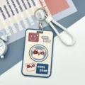 Porta carte da cartone animato carino con cordino intrecciato, custodia per badge scolastico. - Corda Intrecciata Bianca / Orso Cool Sorriso