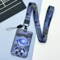 Embossed cartoon astronaut card holder with lanyard student bus access card protective cover - Blue Standing Astronaut / Blue-Purple Astronaut Long Lanyard