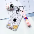 Plastic sliding hard-shell astronaut card holder with cartoon pendant and lanyard for students. - Puppy and Astronaut and Pink Astronaut Figure