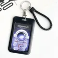 Portatarjetas negro con tarjeta de astronauta y cordón trenzado de cuero para estudiantes. - Estilo Astronauta Interestelar / Portatarjetas Con Cordón de Cuero