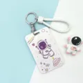 Cute cartoon astronaut card sleeve with keychain and braided rope for students daily use. - Purple Astronaut / White Braided Rope