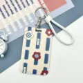 Portacarte di cartone animato con cinturino intrecciato bianco, motivo floreale a quadri blu. - Corda Intrecciata Bianca / A Righe Verticali Blu