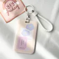 Minimalist card holder badge holder with white braided lanyard pink design for daily use - Flower Sticky Note Miss & White Wrapped Leather Cord