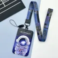 Cartoon astronaut card holder with lanyard student bus card protector stars pattern - Interstellar Astronaut / Blue-Purple Astronaut Long Lanyard