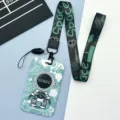 Cartoon astronaut lanyard card holder set with long strap for student id bus card. - Green Standing Astronaut / Black-Green Astronaut Lanyard