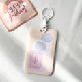 Minimalist beige card holder with keychain badge case ID bus card protector for students. - Flower Sticky Note "Miss" with White Handcuff Clasp