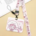 Cute cartoon card holder with lanyard pink bear design for students bus pass ID card badge - Horizontal Style - Pink Pajama Girl + LUCK Rabbit Long Lanyard