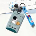 Astronaut sliding card holder keychain, student ID card protective case with rocket strap. - Mesh Moon Spaceman with Blue Spaceman Figurine