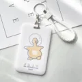 White card holder badge protector with cute duck print and braided lanyard for daily use - Line Duck and White Edged Leather Cords
