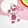 Pink cute cartoon card holder with braided strap and keychain for students and daily use. - BEAR Heart Bear / Pink Cord