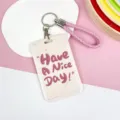 Pink student ID card holder with cute braided lanyard and sliding card cover for daily use - Spotted Beige Letters / Pink Cord