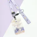 Cute cartoon rabbit card holder with purple bear lanyard student ID bus pass badge protective case cover - Hydrangea Rabbit / Purple Bear Long Lanyard