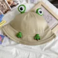 Cute green-eyed frog bucket hat, khaki cotton sun protection fisherman hat for women. - One Size / Khaki