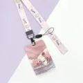 Cute pink cartoon rabbit lanyard and card holder set for students school ID cards access. - Rose Cloud Rabbit / Pink Cute Rabbit Long Lanyard
