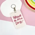 Pink cute student card holder with keychain, durable ABS push-pull game card protective cover. - Spotted Beige Letters / Round Buckle
