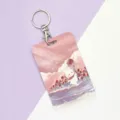 Cute pink cartoon rabbit card holder with metal keychain for student ID badge and bus pass. - Rose Cloud Rabbit / Round Buckle