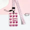 Cute pink ID card holder with matching lanyard for student campus bus card protective case - Heart Letter Pattern / Pink Strawberry Lanyard