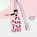 Pink cute ID badge card holder with strawberry lanyard student campus bus card protective case - Pink English Letter / Pink Strawberry Lanyard