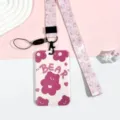 Cute pink card holder with strawberry lanyard and bear design for student ID and bus cards - BEAR Heart Bear / Pink Strawberry Lanyard