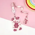 Pink cute cartoon student ID card holder with retractable reel and lanyard for daily use. - BEAR Heart Bear / Retractable Long Lanyard