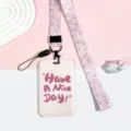Cute pink card holder with lanyard, strawberry print, ID badge holder for students school. - Spotted Beige Letters / Pink Strawberry Lanyard