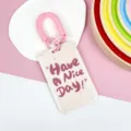 Cute pink student push-pull badge card holder with anti-lost spring coil strap. - Spotted Beige Letters / Spring Rope