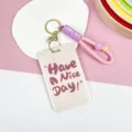 Pink cute student cartoon card holder, durable ABS pull-out badge holder with lanyard. - Spotted Beige Letters / Lucky Bag Wrist Strap