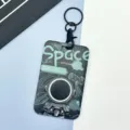 Cartoon astronaut card holder keychain ID badge protector with metal ring for students. - Black Green Astronaut / Black Handcuff Buckle