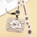 Cute cartoon student push-pull ID card holder with matching lanyard, brown plaid design. - Horizontal Style - Brown Plaid Bear + Footprint Bear Long Lanyard