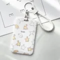 White cute duck pattern card holder with braided wrist strap and key ring for daily use. - Line Art Ducks with White Edged Leather Cord