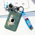 Blue astronaut space themed badge holder with lanyard and card case for students daily use. - Spaceship Spaceman with Blue Spaceman Figurine