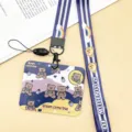 Cute cartoon bear ID badge card holder with matching lanyard for students bus card school - Horizontal Style - Colorful Cloud Bear with Striped English Bear Long Lanyard