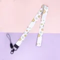Durable fabric lanyard with cute flower print, black metal clasp and phone strap loop. - White Flower