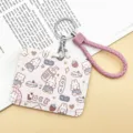 Cute cartoon rabbit push-pull card holder with pink braided strap for student daily use. - Horizontal Style - LUCK Rabbit with Pink Edged Leather Cord