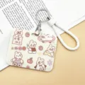 Cute cartoon rabbit pull-out card holder white variant with braided keychain for transit ID badge. - Horizontal Style - Cute 100% Rabbit + White Edged Leather Strap