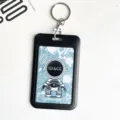 Portatarjetas de identificacion negro con astronauta, funda protectora duradera con llavero. - Estilo Astronauta De Pie Verde / Funda Con Hebilla Redonda