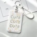 White ID card holder with braided wrist strap and cute cartoon keychain for daily use. - Line Art Cute Rabbit & White Edged Leather Cords